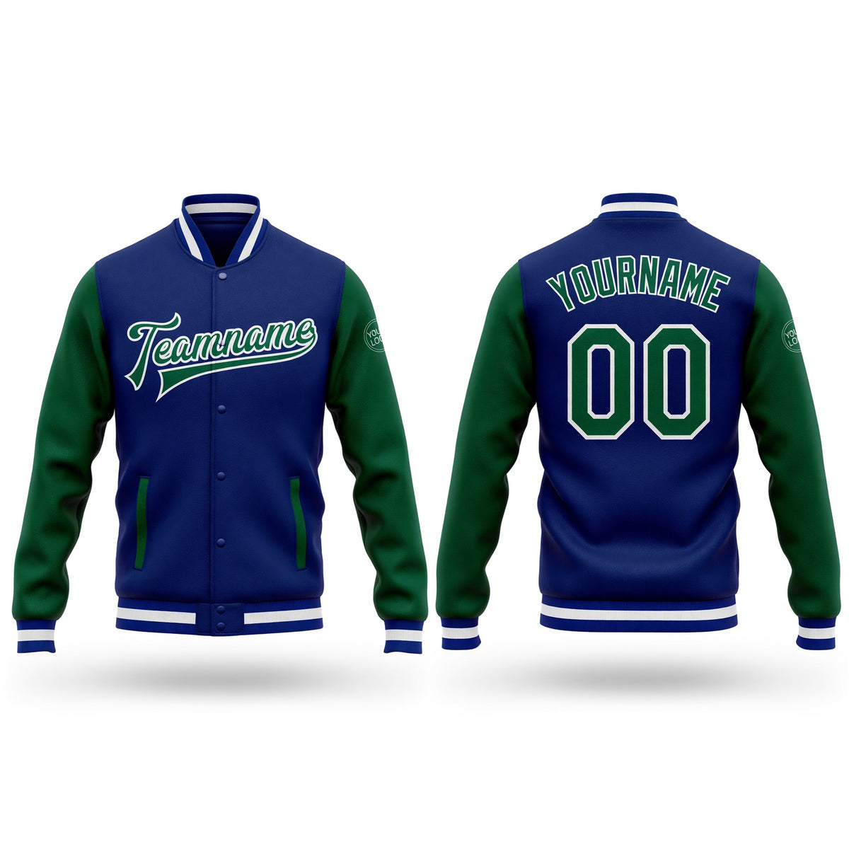 Custom Royal Kelly Green-White Bomber Full-Snap Varsity Letterman Two Tone Jacket