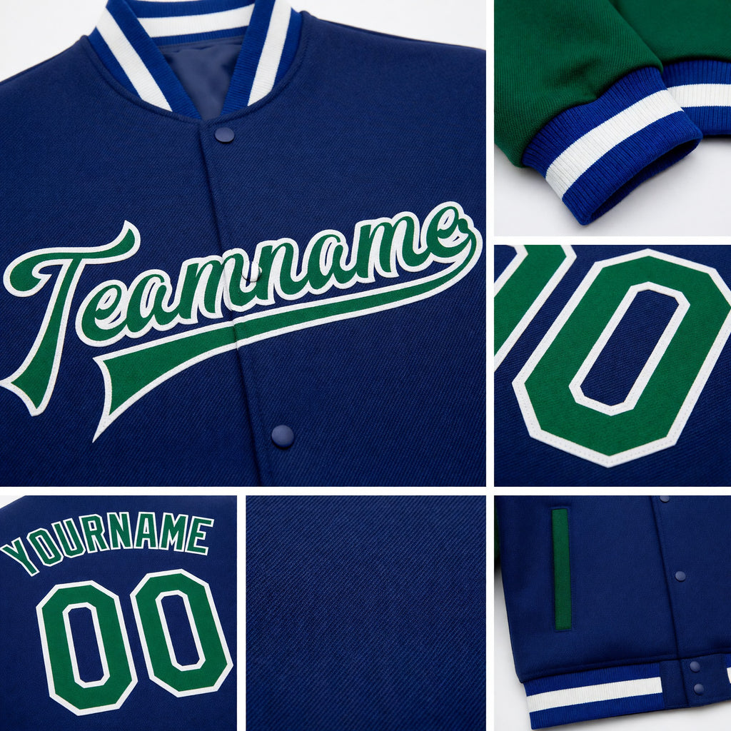 Custom Royal Kelly Green-White Bomber Full-Snap Varsity Letterman Two Tone Jacket detail