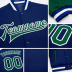 Custom Royal Kelly Green-White Bomber Full-Snap Varsity Letterman Two Tone Jacket detail