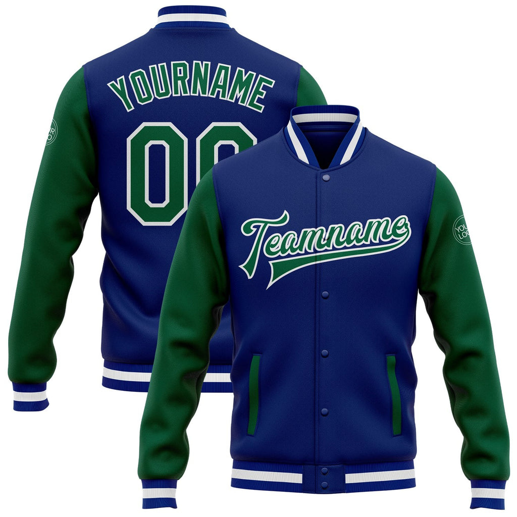 Custom Royal Kelly Green-White Bomber Full-Snap Varsity Letterman Two Tone Jacket photo 1