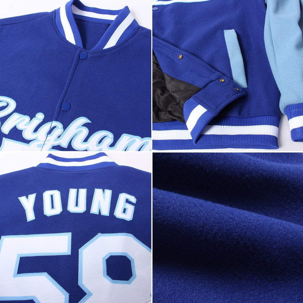 Custom Royal Kelly Green-White Bomber Full-Snap Varsity Letterman Two Tone Jacket photo 4