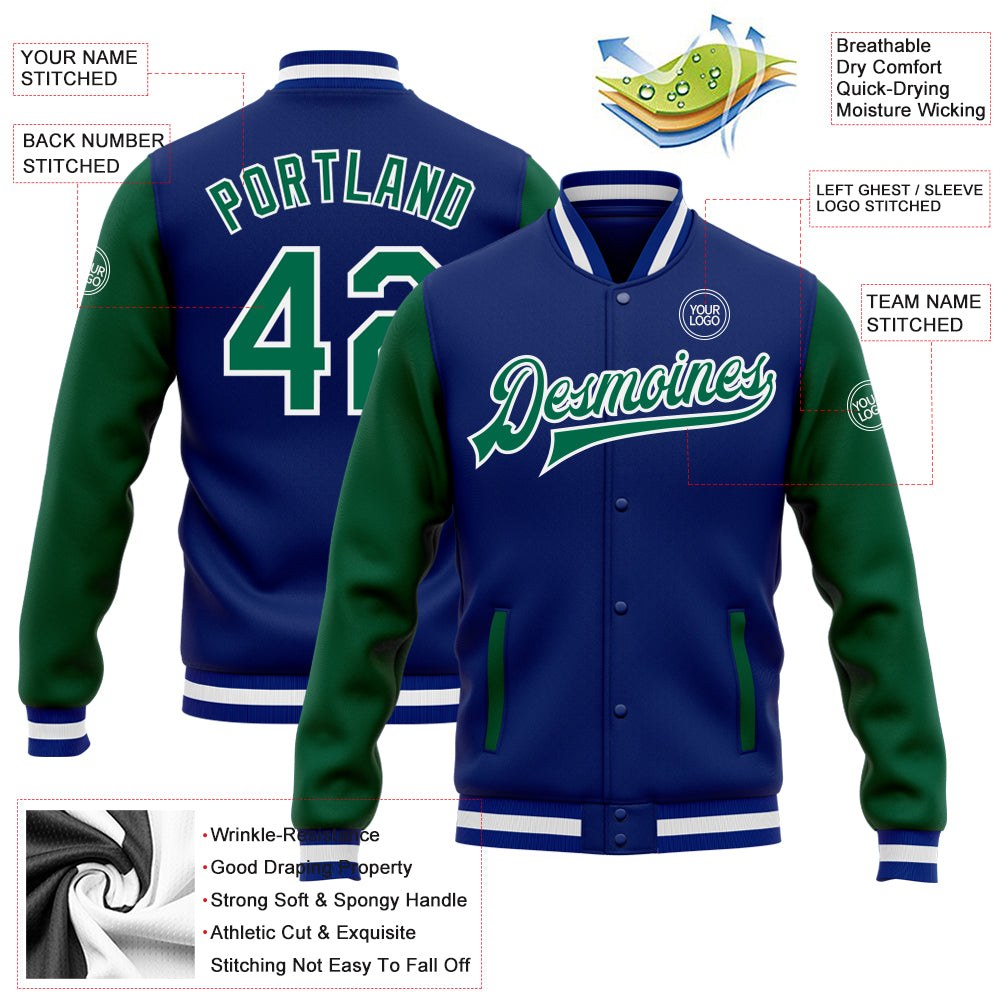Custom Royal Kelly Green-White Bomber Full-Snap Varsity Letterman Two Tone Jacket photo 5