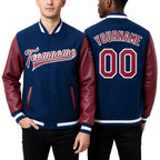 Custom Royal Crimson-White Bomber Full-Snap Varsity Letterman Two Tone Jacket worn front and back