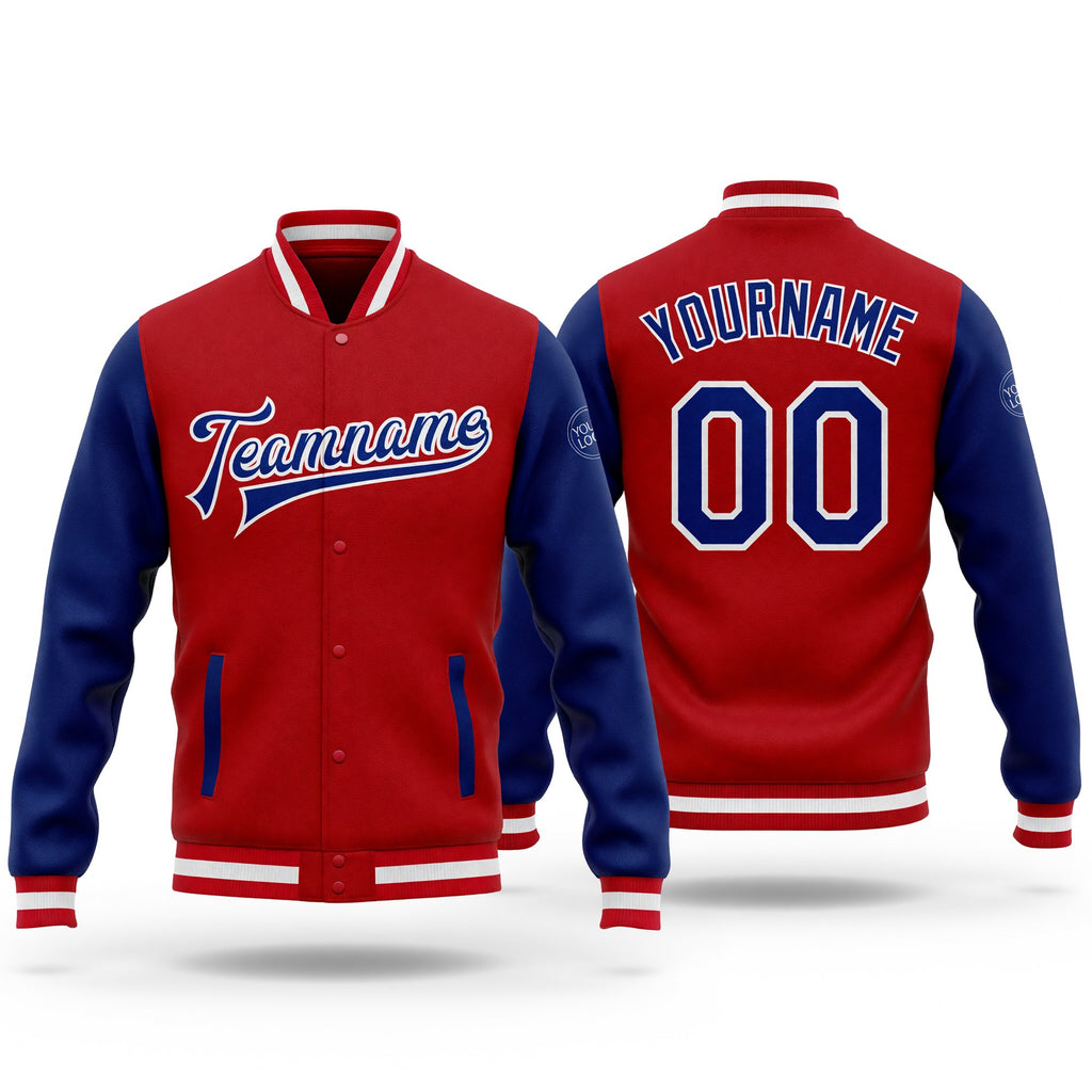 Custom Red Royal-White Bomber Full-Snap Varsity Letterman Two Tone Jacket