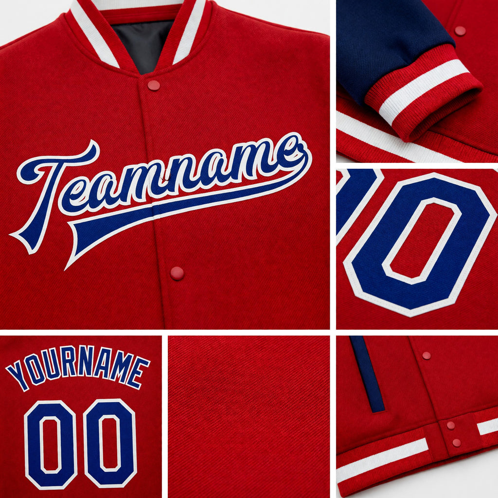 Custom Red Royal-White Bomber Full-Snap Varsity Letterman Two Tone Jacket detail