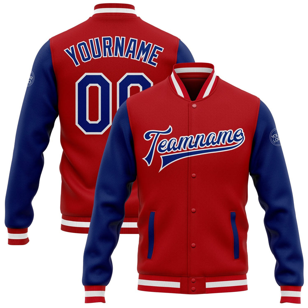 Custom Red Royal-White Bomber Full-Snap Varsity Letterman Two Tone Jacket photo 1