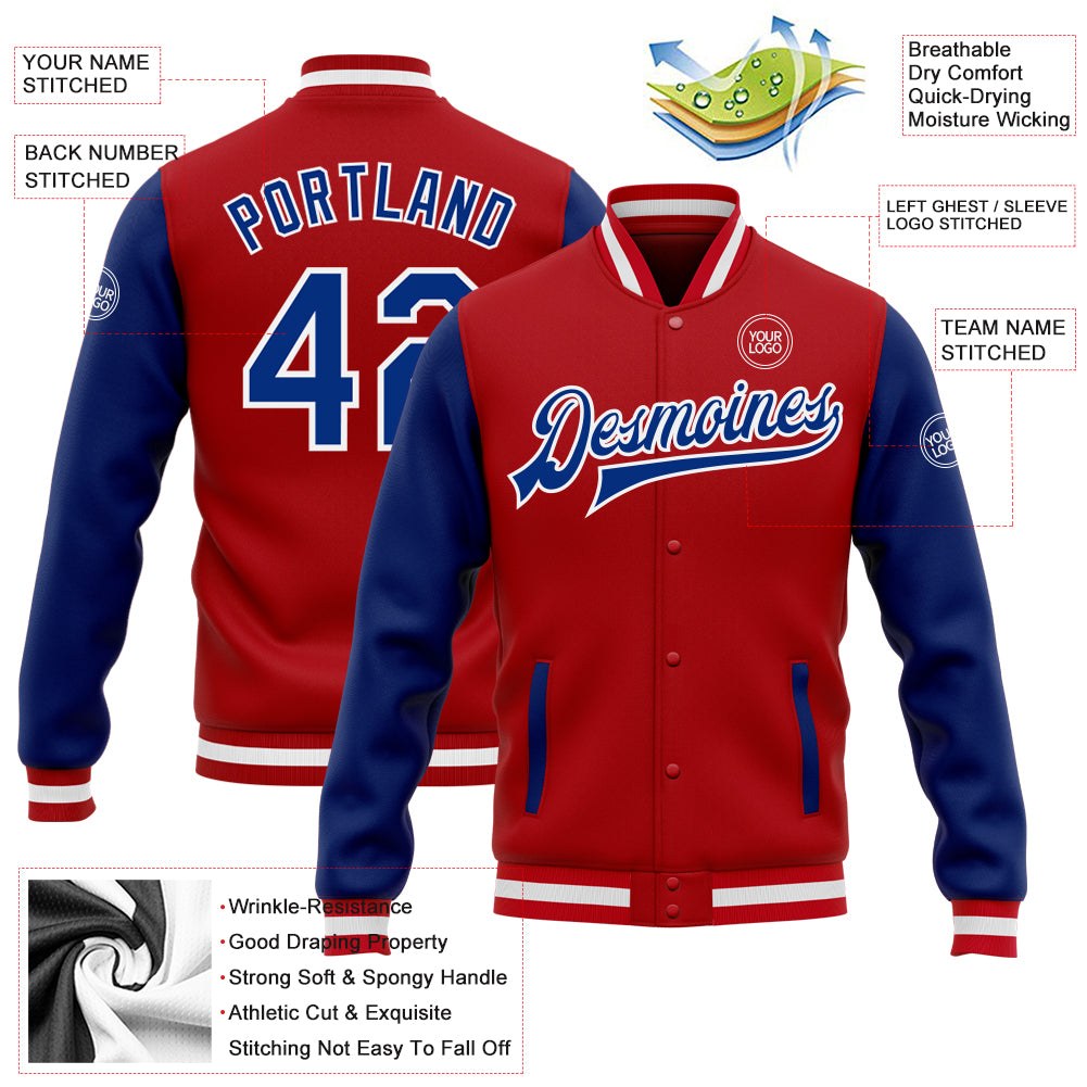 Custom Red Royal-White Bomber Full-Snap Varsity Letterman Two Tone Jacket photo 5