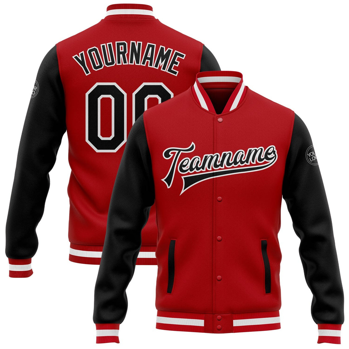 Custom Red Black-White Bomber Full-Snap Varsity Letterman Two Tone Jacket photo 1