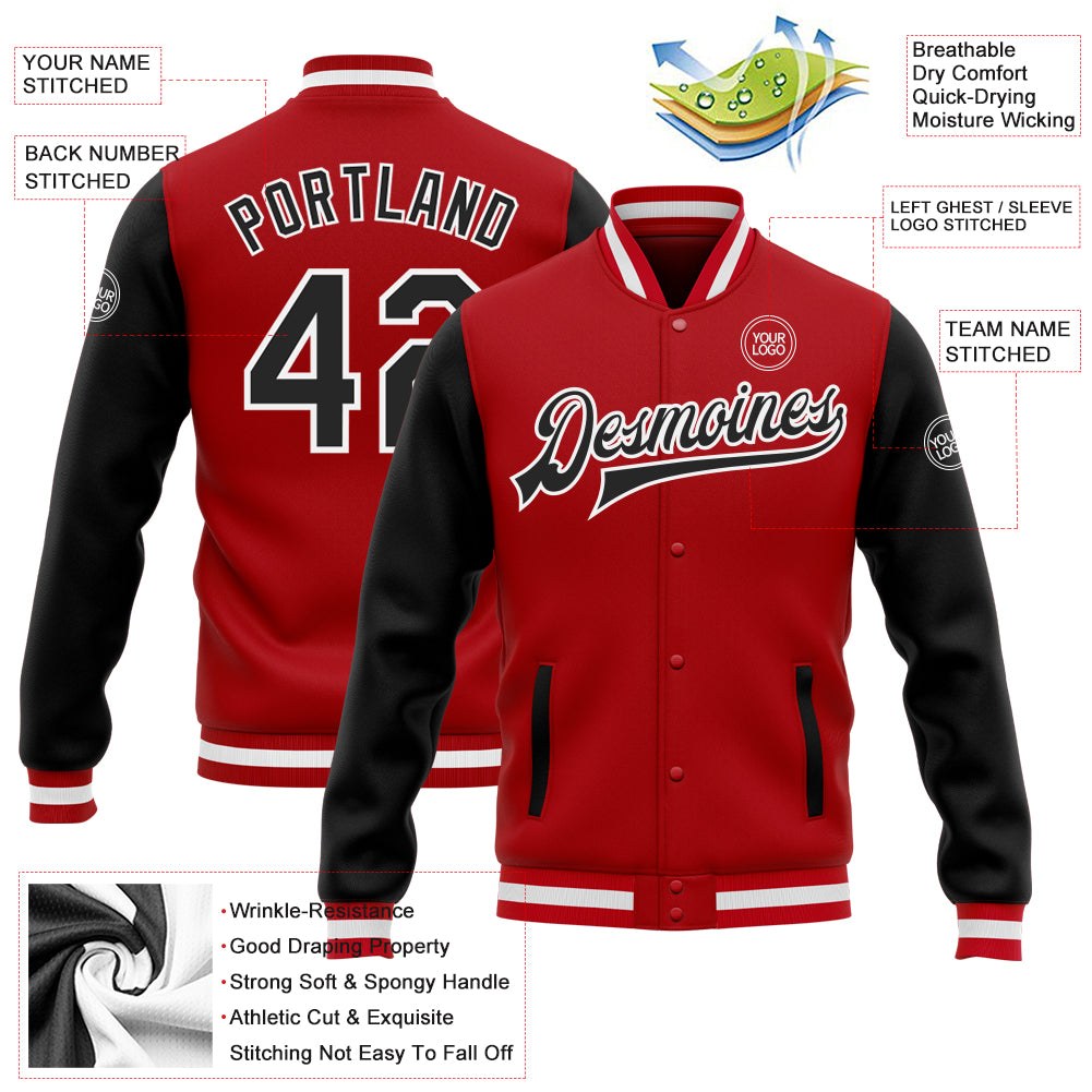 Custom Red Black-White Bomber Full-Snap Varsity Letterman Two Tone Jacket photo 5