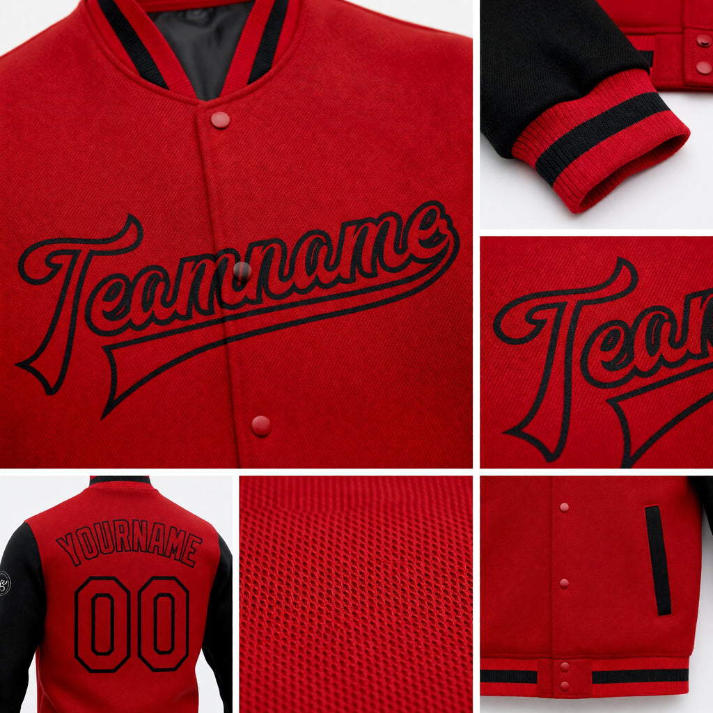 Custom Red Red-Black Bomber Full-Snap Varsity Letterman Two Tone Jacket detail