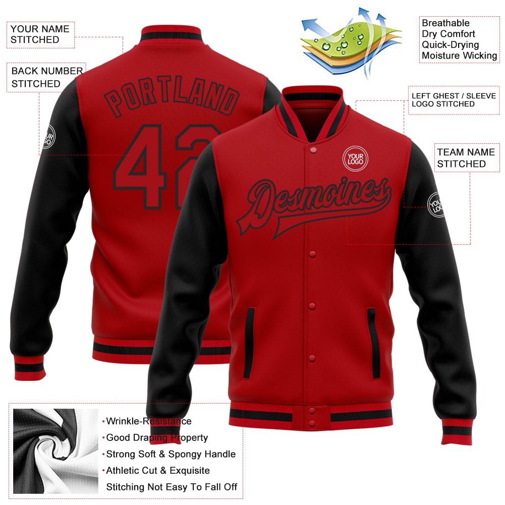 Custom Red Red-Black Bomber Full-Snap Varsity Letterman Two Tone Jacket photo 5