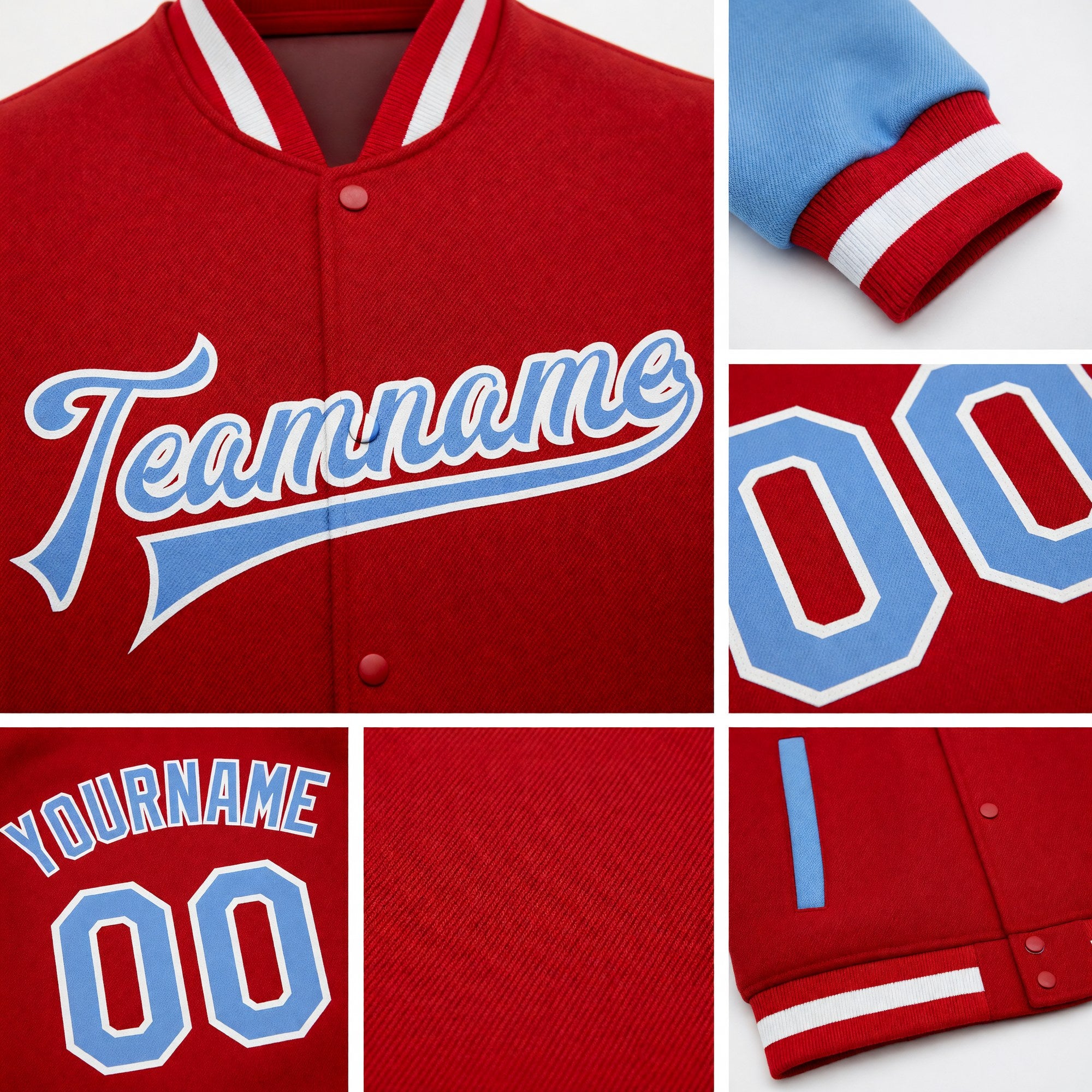 Custom Red Light Blue-White Bomber Full-Snap Varsity Letterman Two Tone Jacket detail