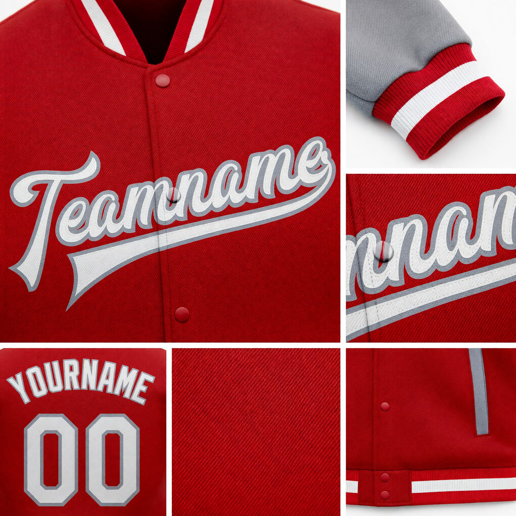 Custom Red White-Gray Bomber Full-Snap Varsity Letterman Two Tone Jacket detail