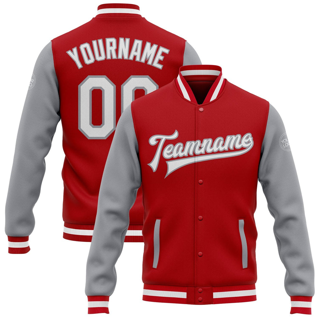 Custom Red White-Gray Bomber Full-Snap Varsity Letterman Two Tone Jacket photo 1