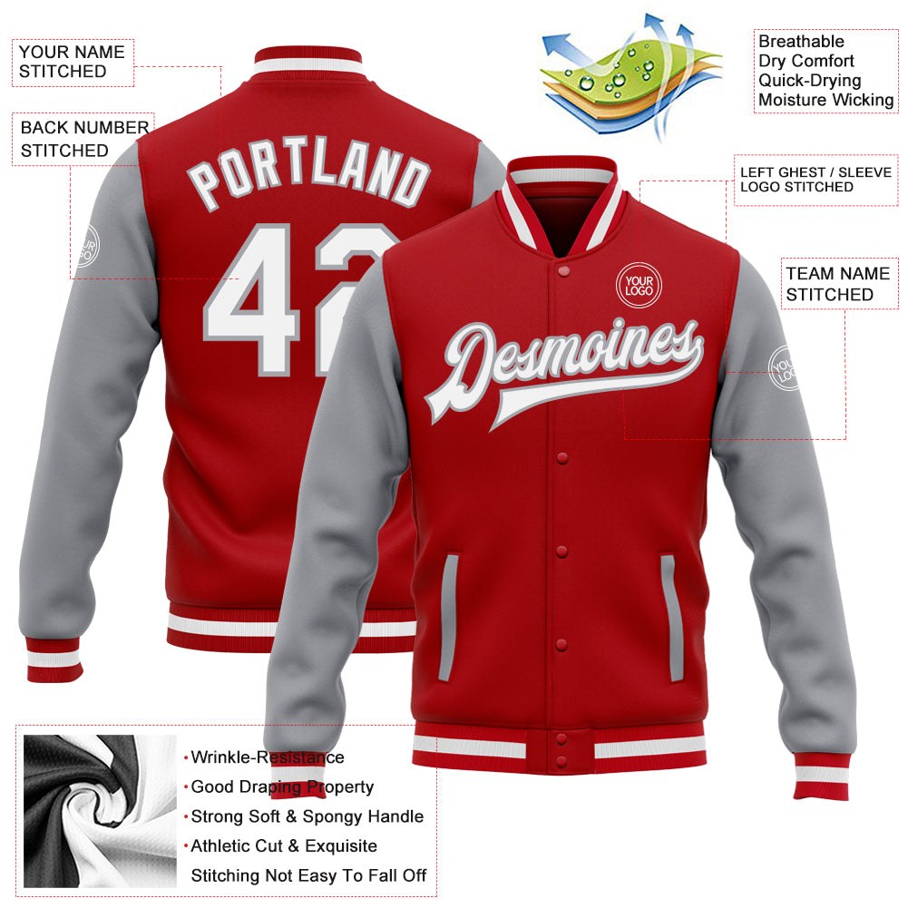 Custom Red White-Gray Bomber Full-Snap Varsity Letterman Two Tone Jacket photo 5