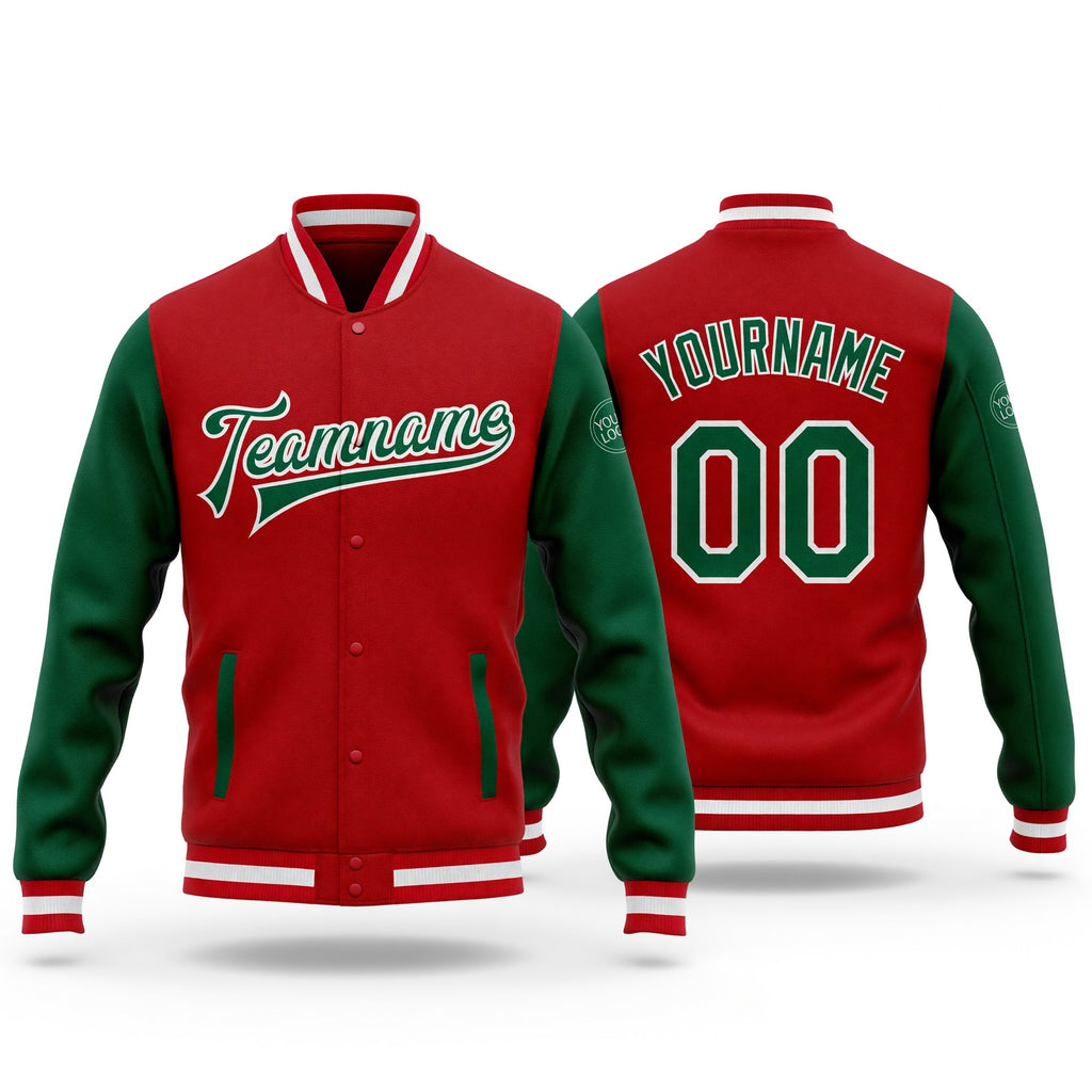 Custom Red Kelly Green-White Bomber Full-Snap Varsity Letterman Two Tone Jacket