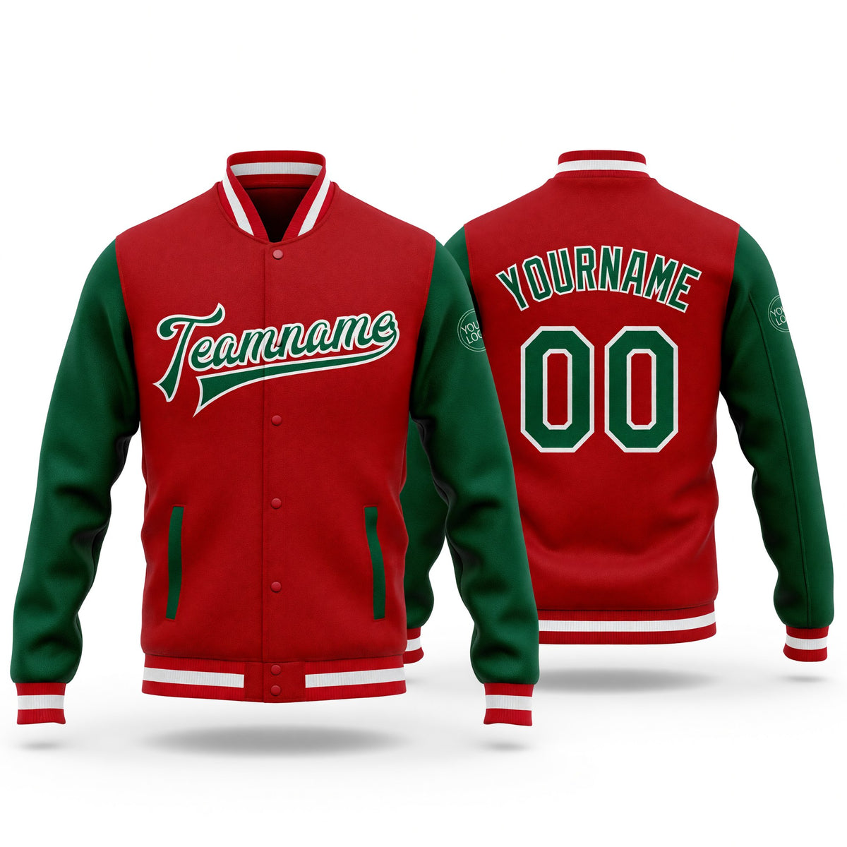 Custom Red Kelly Green-White Bomber Full-Snap Varsity Letterman Two Tone Jacket
