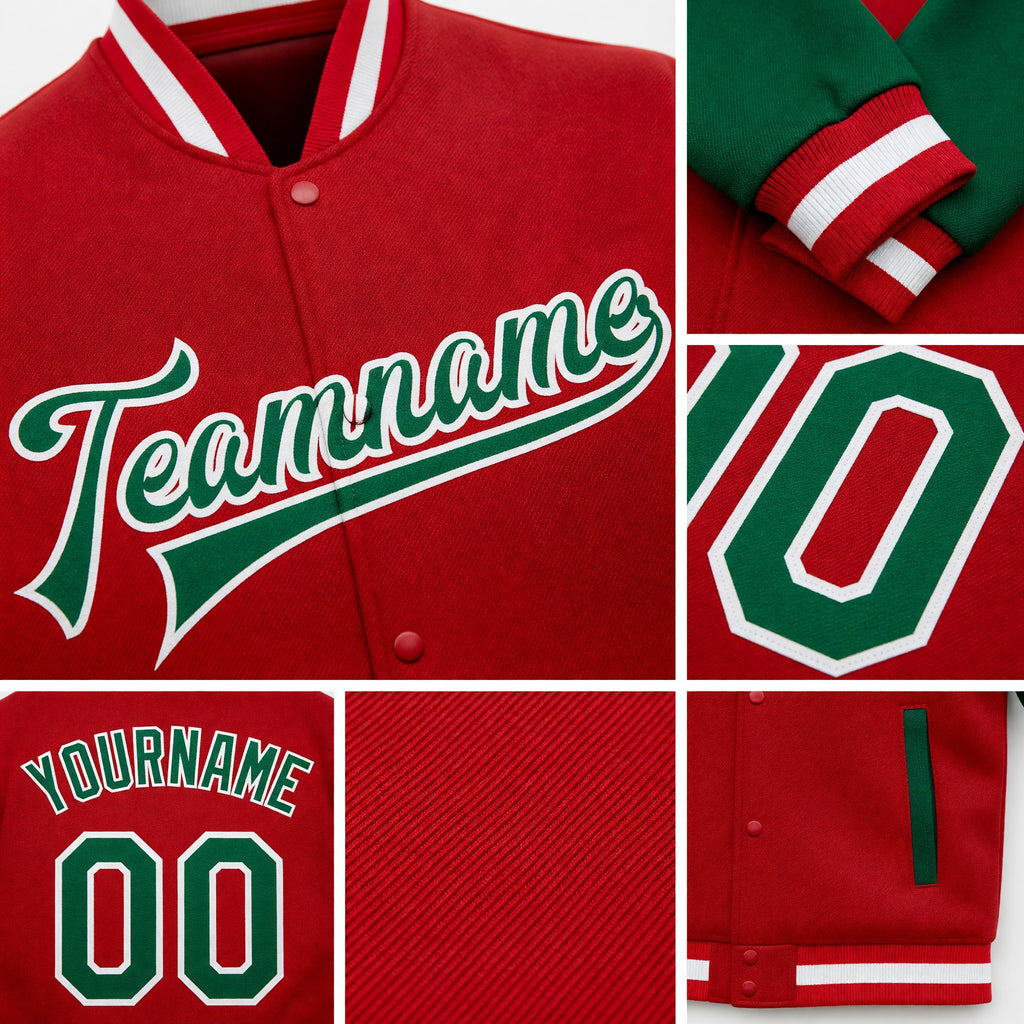 Custom Red Kelly Green-White Bomber Full-Snap Varsity Letterman Two Tone Jacket detail