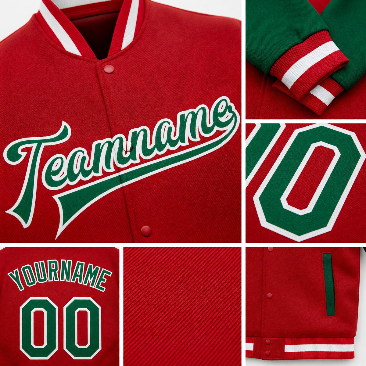 Custom Red Kelly Green-White Bomber Full-Snap Varsity Letterman Two Tone Jacket detail