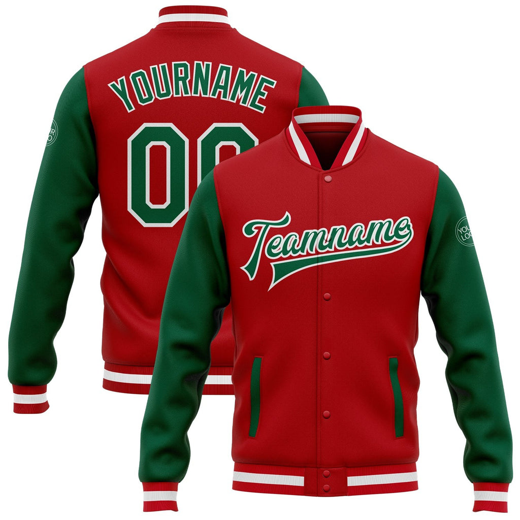 Custom Red Kelly Green-White Bomber Full-Snap Varsity Letterman Two Tone Jacket photo 1