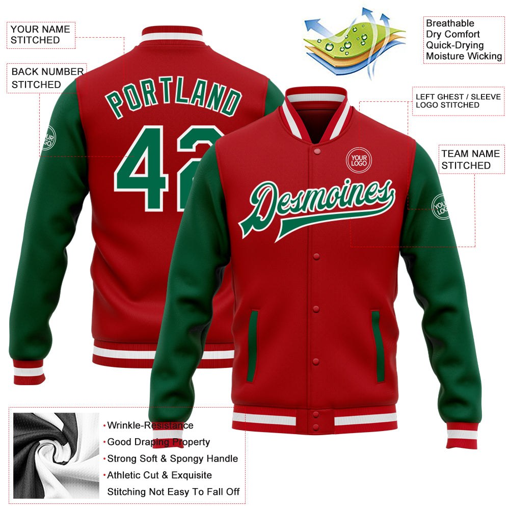 Custom Red Kelly Green-White Bomber Full-Snap Varsity Letterman Two Tone Jacket photo 5