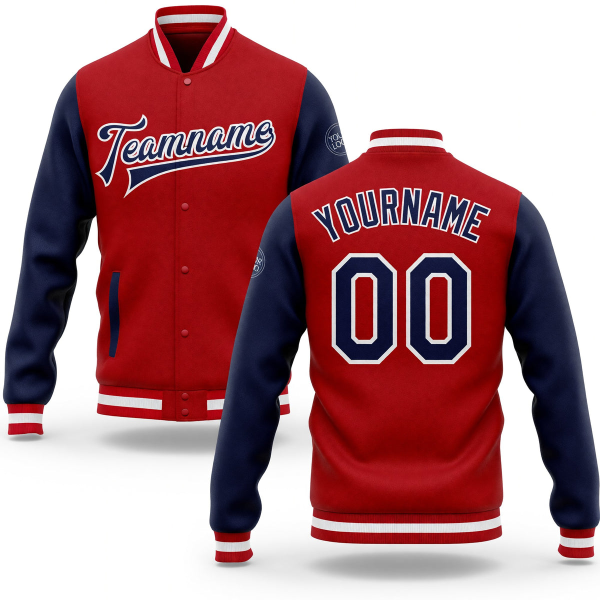 Custom Red Navy-White Bomber Full-Snap Varsity Letterman Two Tone Jacket