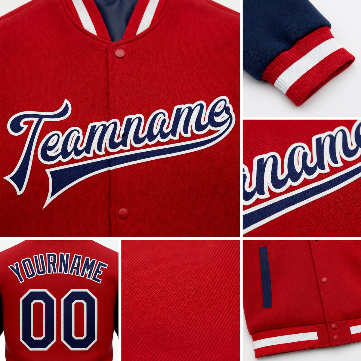 Custom Red Navy-White Bomber Full-Snap Varsity Letterman Two Tone Jacket detail