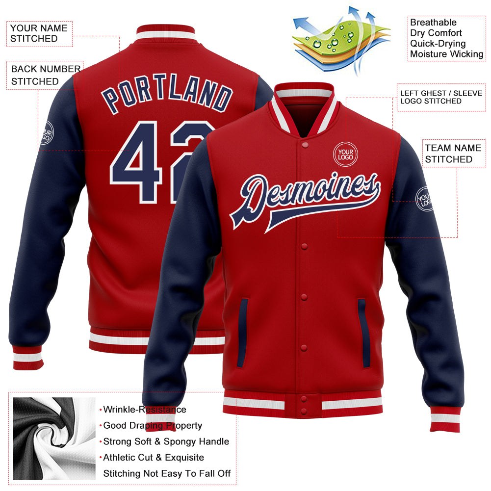Custom Red Navy-White Bomber Full-Snap Varsity Letterman Two Tone Jacket photo 5