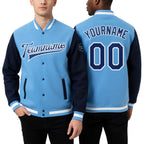 Custom Light Blue Royal-White Bomber Full-Snap Varsity Letterman Two Tone Jacket worn front and back