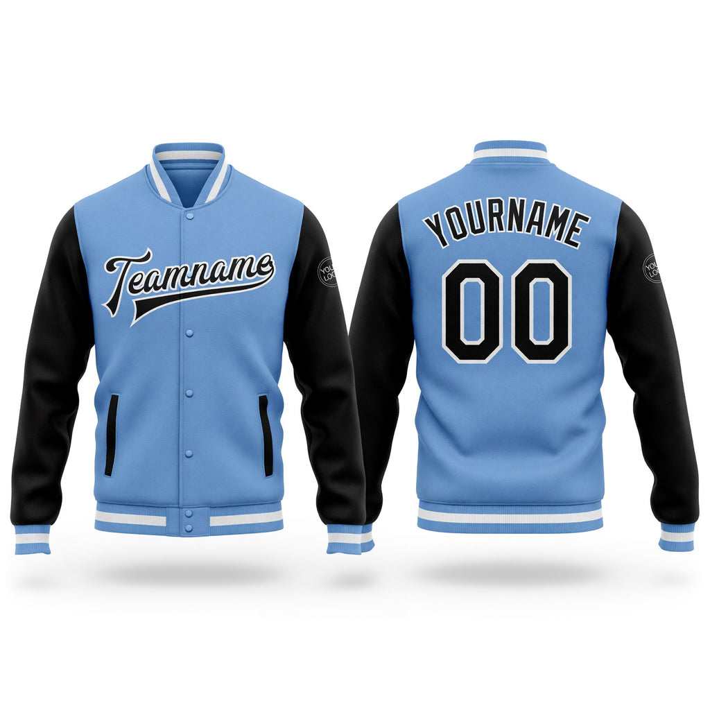 Custom Light Blue Black-White Bomber Full-Snap Varsity Letterman Two Tone Jacket