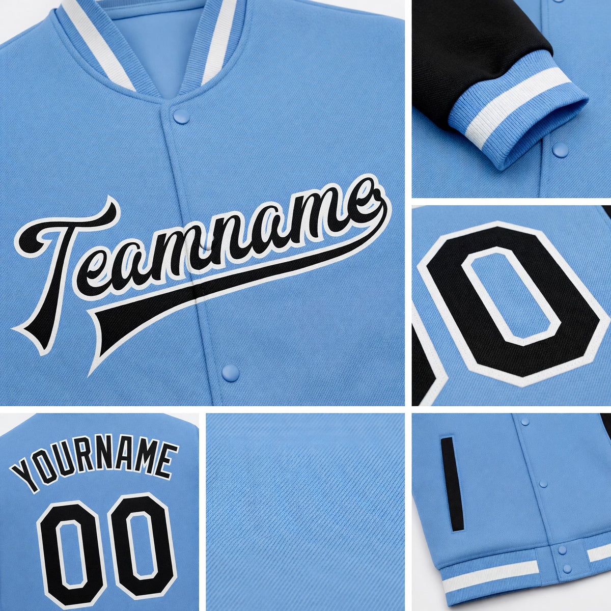 Custom Light Blue Black-White Bomber Full-Snap Varsity Letterman Two Tone Jacket detail