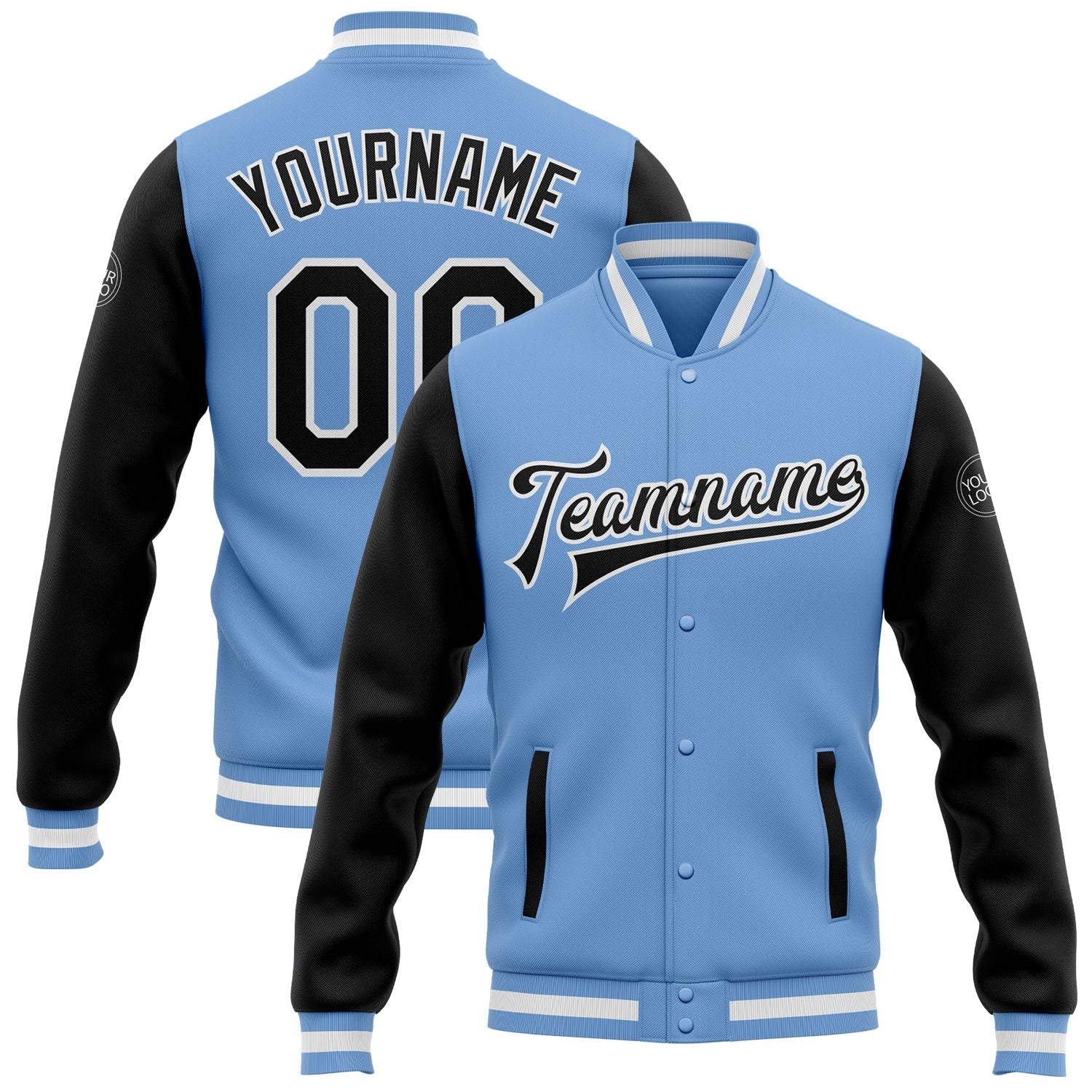 Custom Light Blue Black-White Bomber Full-Snap Varsity Letterman Two Tone Jacket photo 1