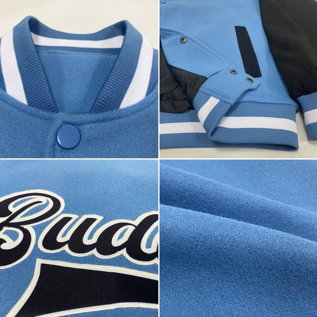 Custom Light Blue Black-White Bomber Full-Snap Varsity Letterman Two Tone Jacket photo 4