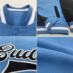 Custom Light Blue Black-White Bomber Full-Snap Varsity Letterman Two Tone Jacket photo 4
