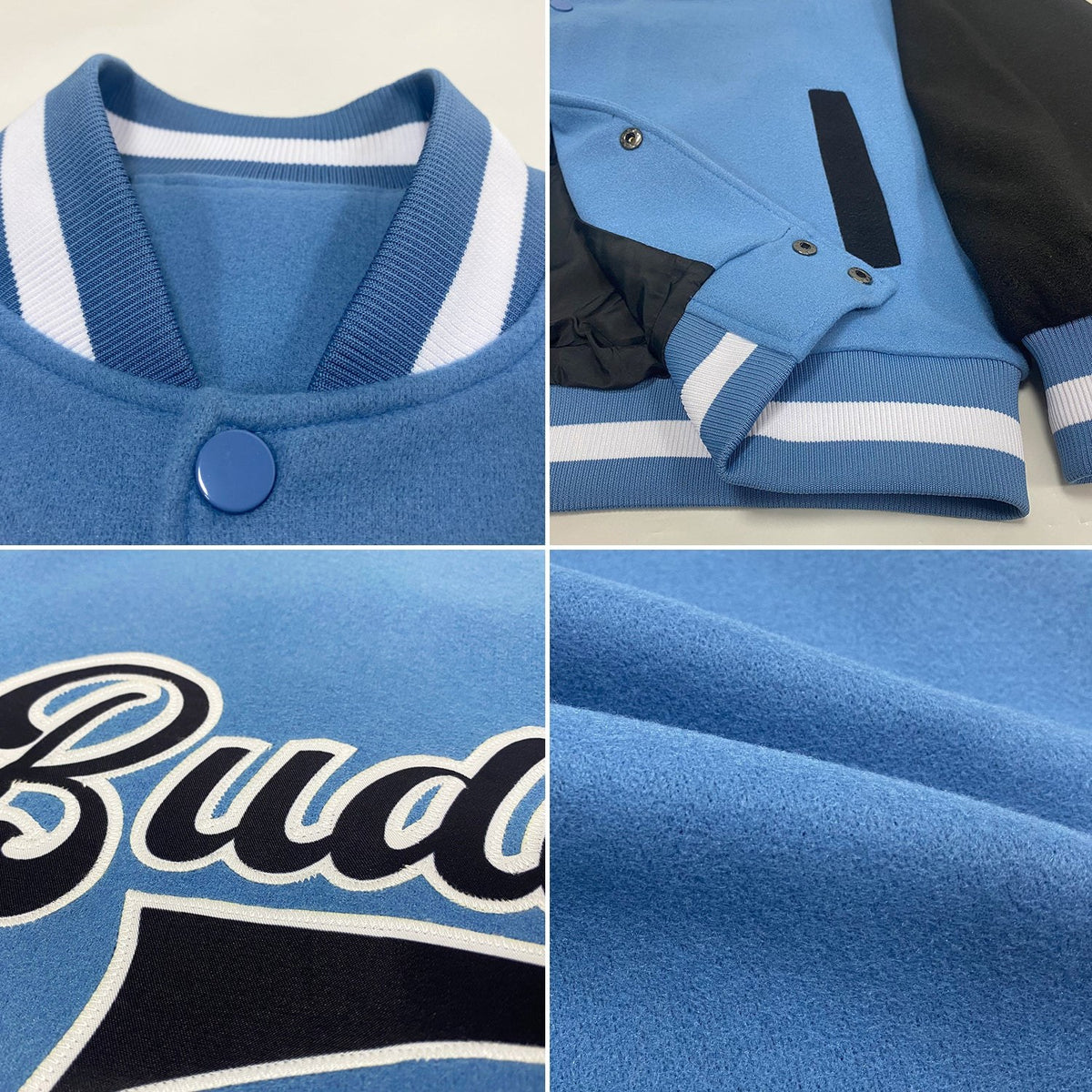 Custom Light Blue Black-White Bomber Full-Snap Varsity Letterman Two Tone Jacket photo 4