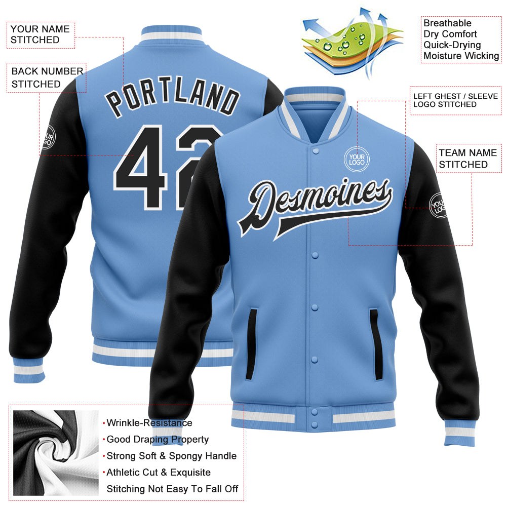 Custom Light Blue Black-White Bomber Full-Snap Varsity Letterman Two Tone Jacket photo 5