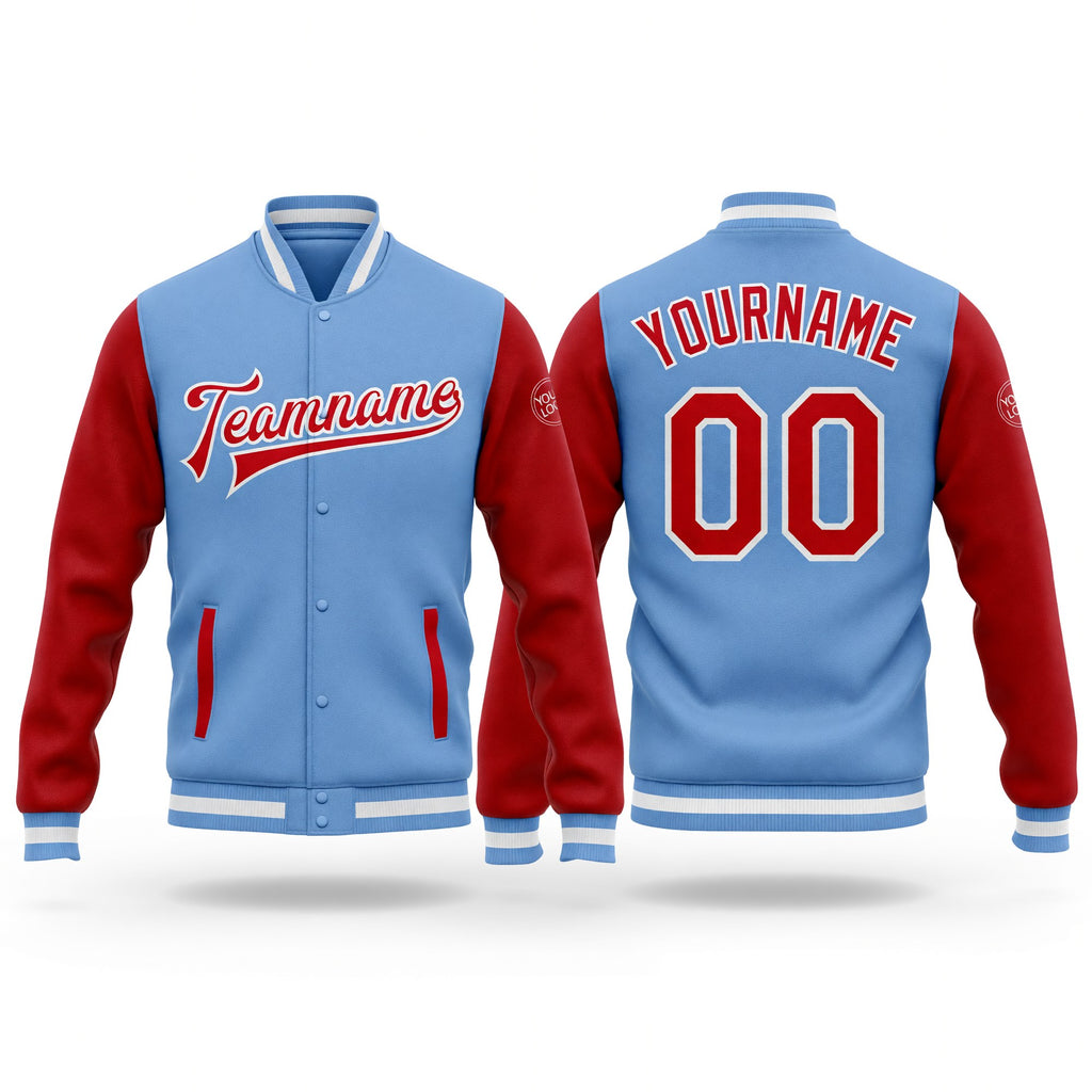 Custom Light Blue Red-White Bomber Full-Snap Varsity Letterman Two Tone Jacket