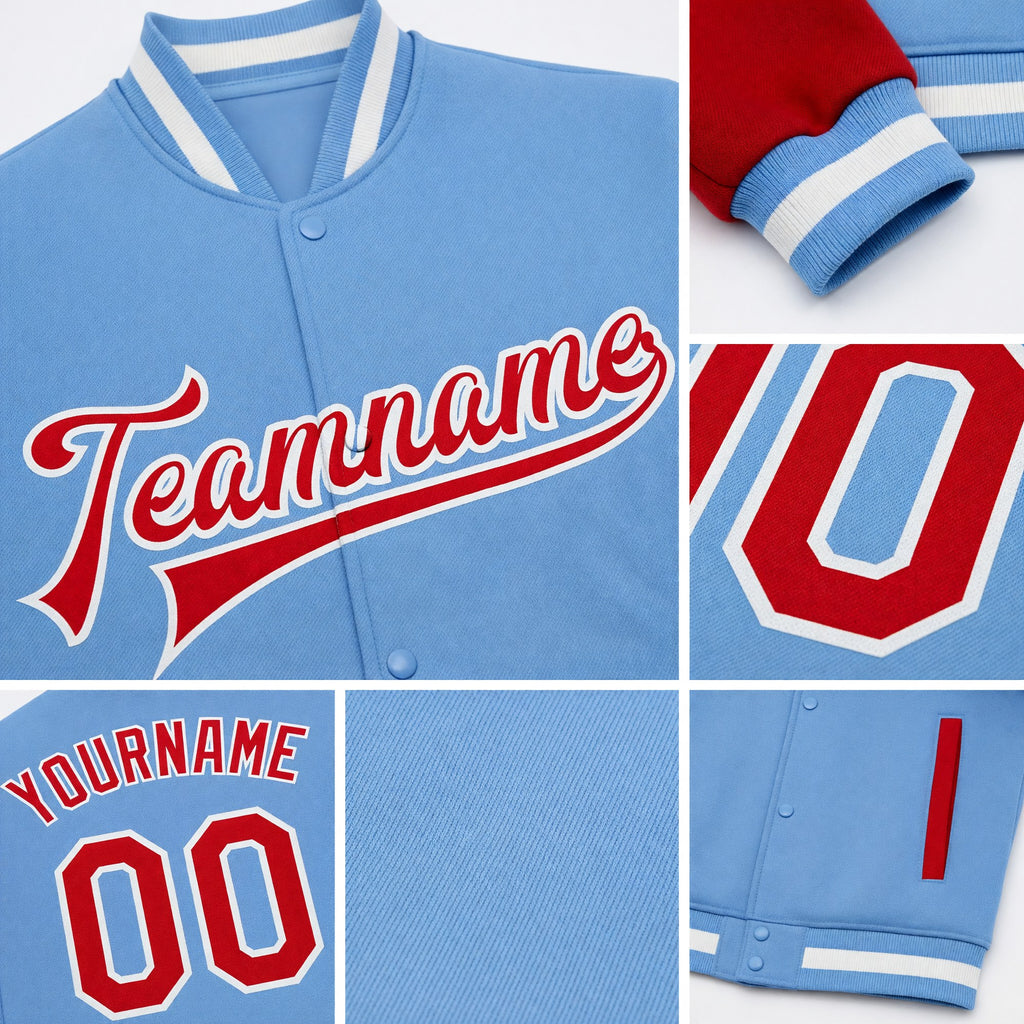 Custom Light Blue Red-White Bomber Full-Snap Varsity Letterman Two Tone Jacket detail