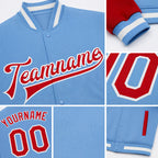 Custom Light Blue Red-White Bomber Full-Snap Varsity Letterman Two Tone Jacket detail