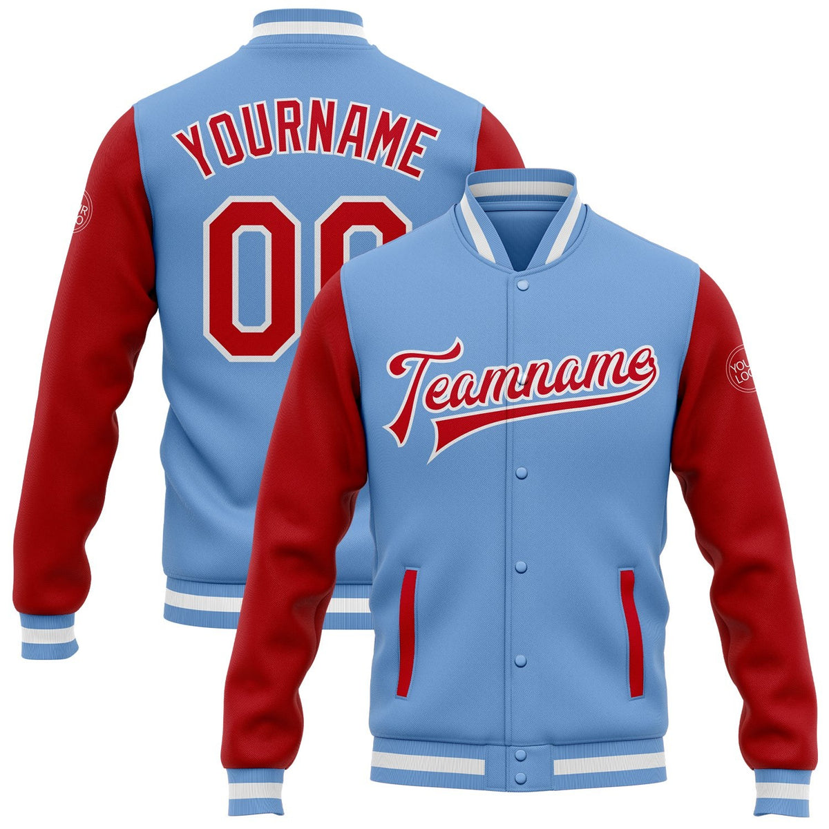 Custom Light Blue Red-White Bomber Full-Snap Varsity Letterman Two Tone Jacket photo 1