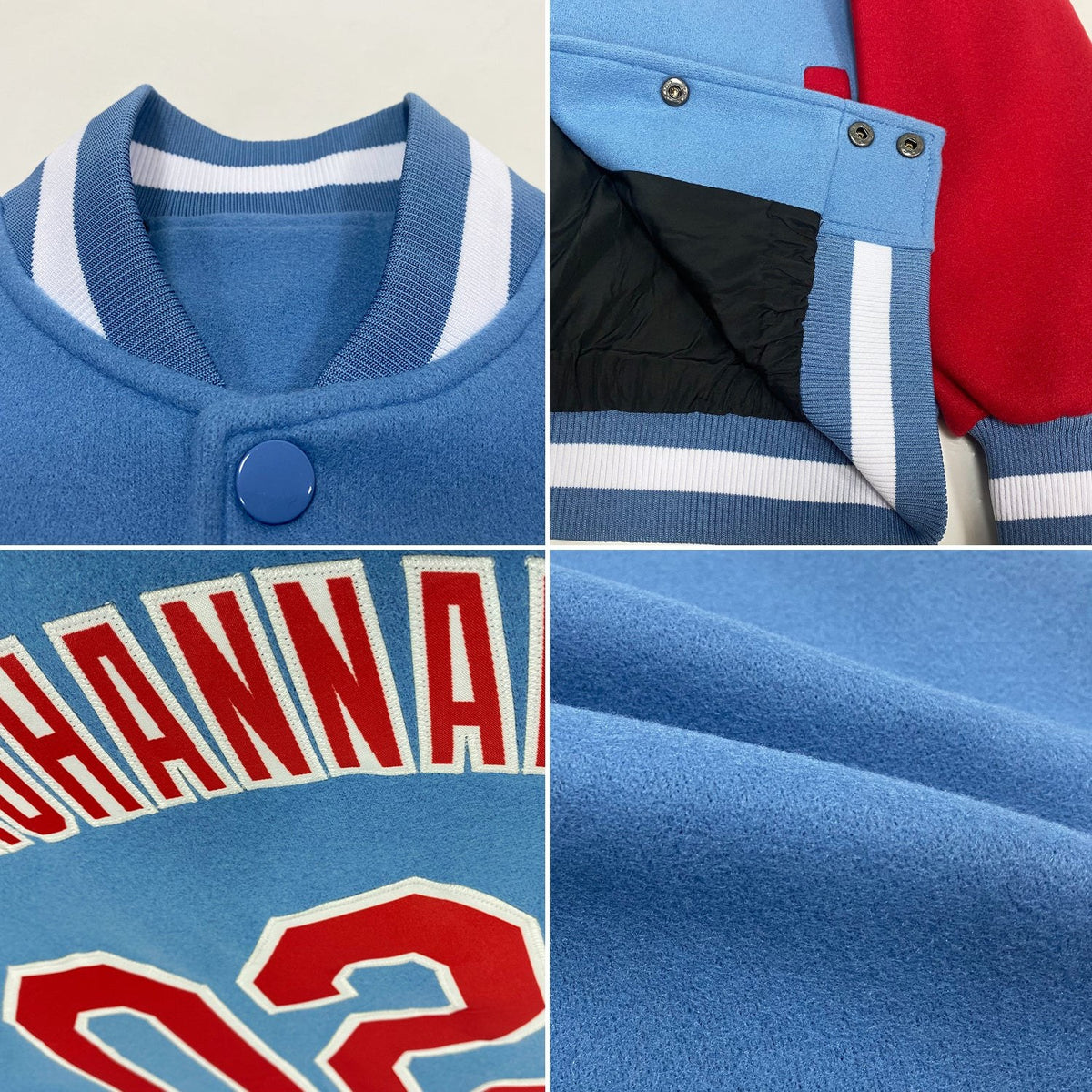 Custom Light Blue Red-White Bomber Full-Snap Varsity Letterman Two Tone Jacket photo 4