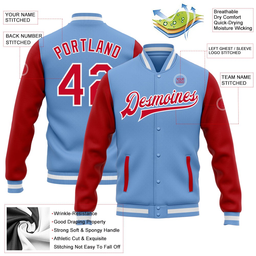 Custom Light Blue Red-White Bomber Full-Snap Varsity Letterman Two Tone Jacket photo 5