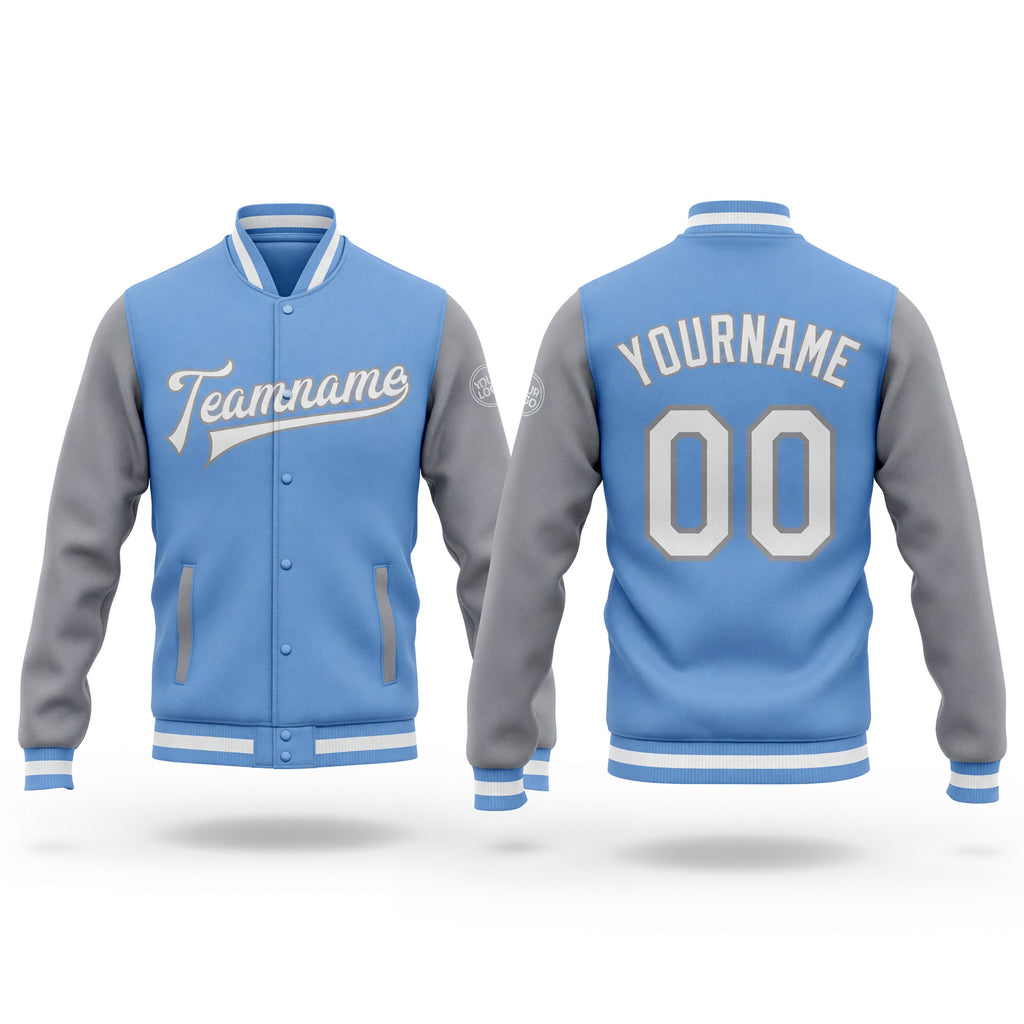 Custom Light Blue White-Gray Bomber Full-Snap Varsity Letterman Two Tone Jacket