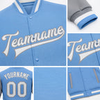 Custom Light Blue White-Gray Bomber Full-Snap Varsity Letterman Two Tone Jacket detail