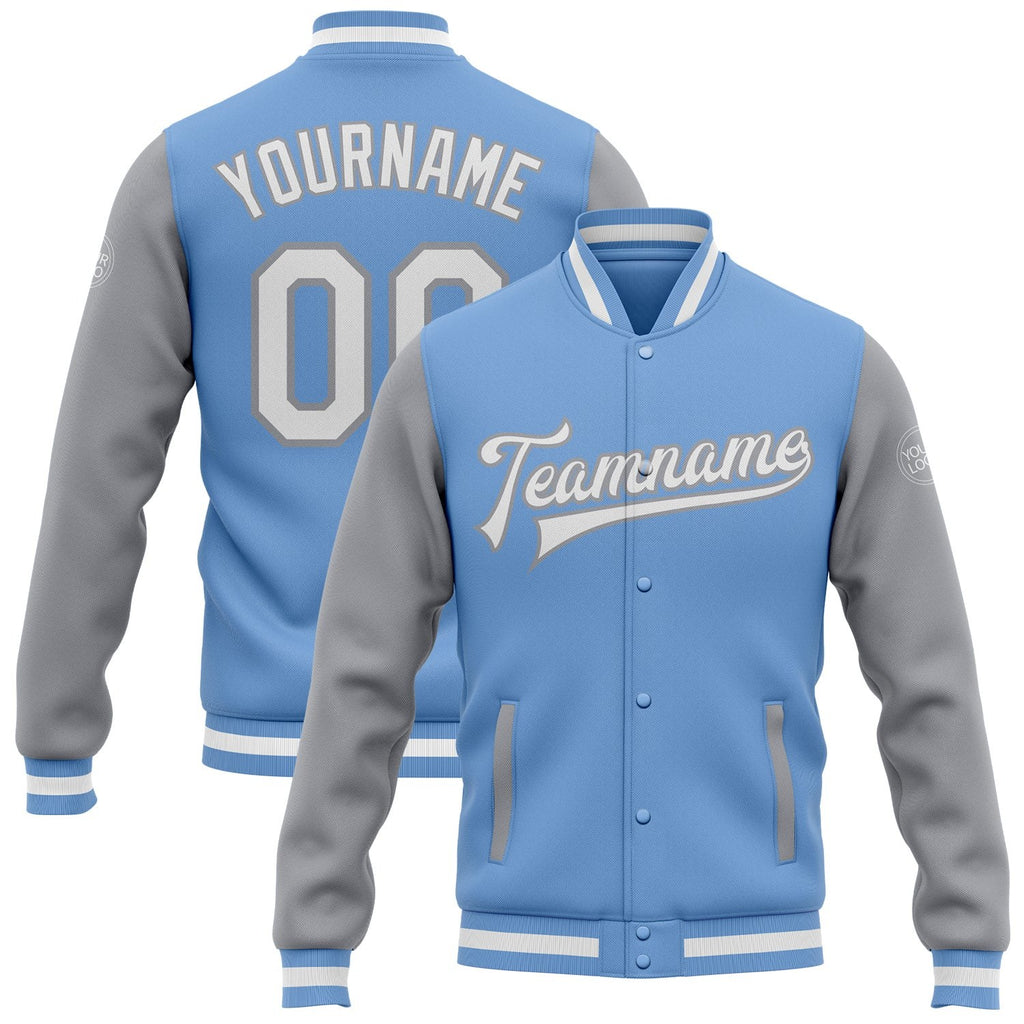 Custom Light Blue White-Gray Bomber Full-Snap Varsity Letterman Two Tone Jacket photo 1