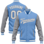 Custom Light Blue White-Gray Bomber Full-Snap Varsity Letterman Two Tone Jacket photo 1