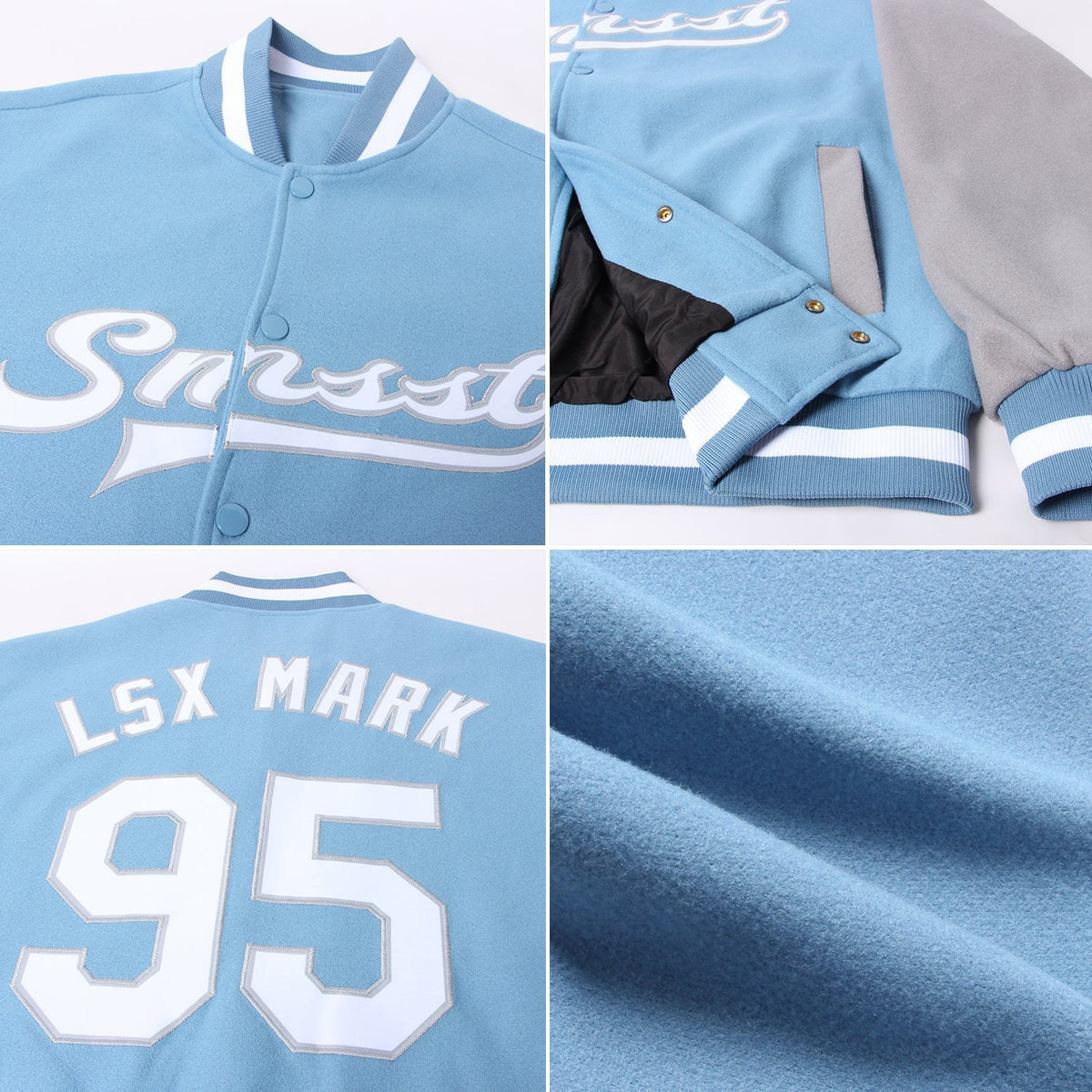 Custom Light Blue White-Gray Bomber Full-Snap Varsity Letterman Two Tone Jacket photo 4