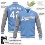Custom Light Blue White-Gray Bomber Full-Snap Varsity Letterman Two Tone Jacket photo 5