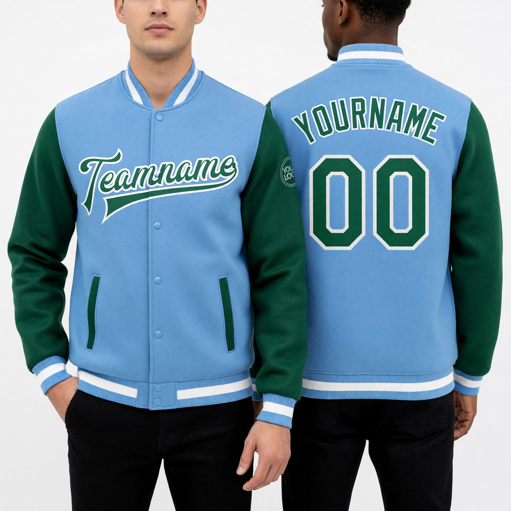 Custom Light Blue Kelly Green-White Bomber Full-Snap Varsity Letterman Two Tone Jacket worn front and back