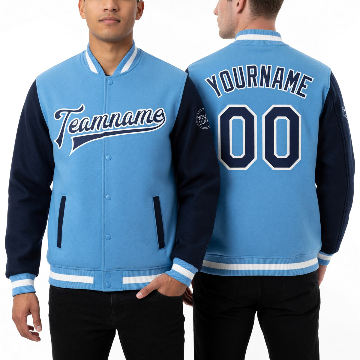 Custom Light Blue Navy-White Bomber Full-Snap Varsity Letterman Two Tone Jacket worn front and back